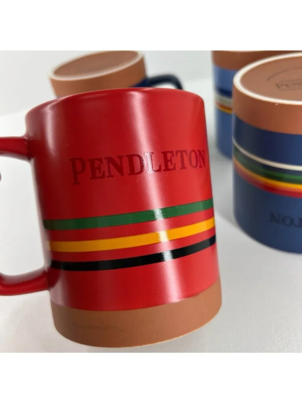 Pendleton National Parks Stoneware Coffee Mugs Set Ceramic 18oz Striped Blue Red